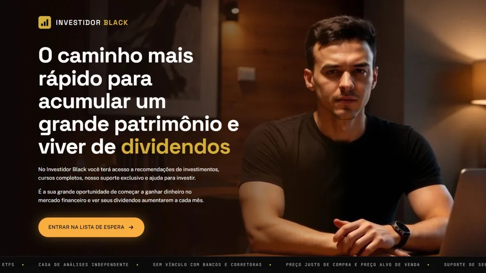 Schermata di apertura della landing page Investidor Black, con fondo scuro e accento oro