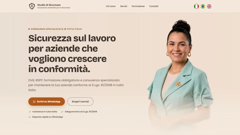 Schermata di apertura del sito Studio di Sicurezza, con titolo scuro su fondo beige e ritratto a destra